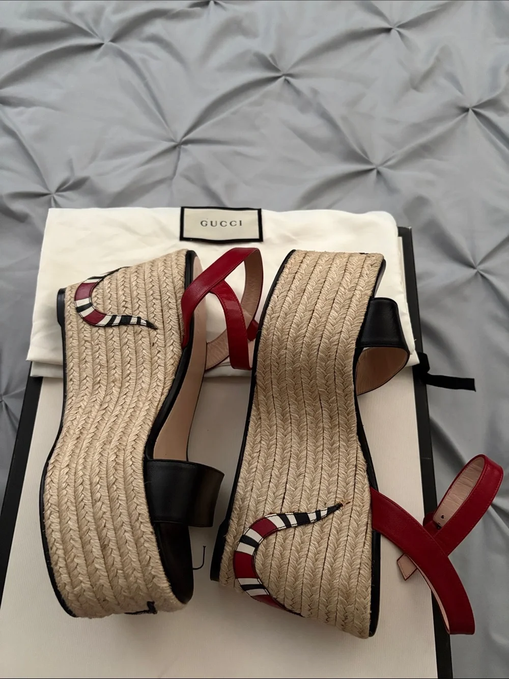 Gucci Black Leather Espadrille Sandals with Red Ankle Straps